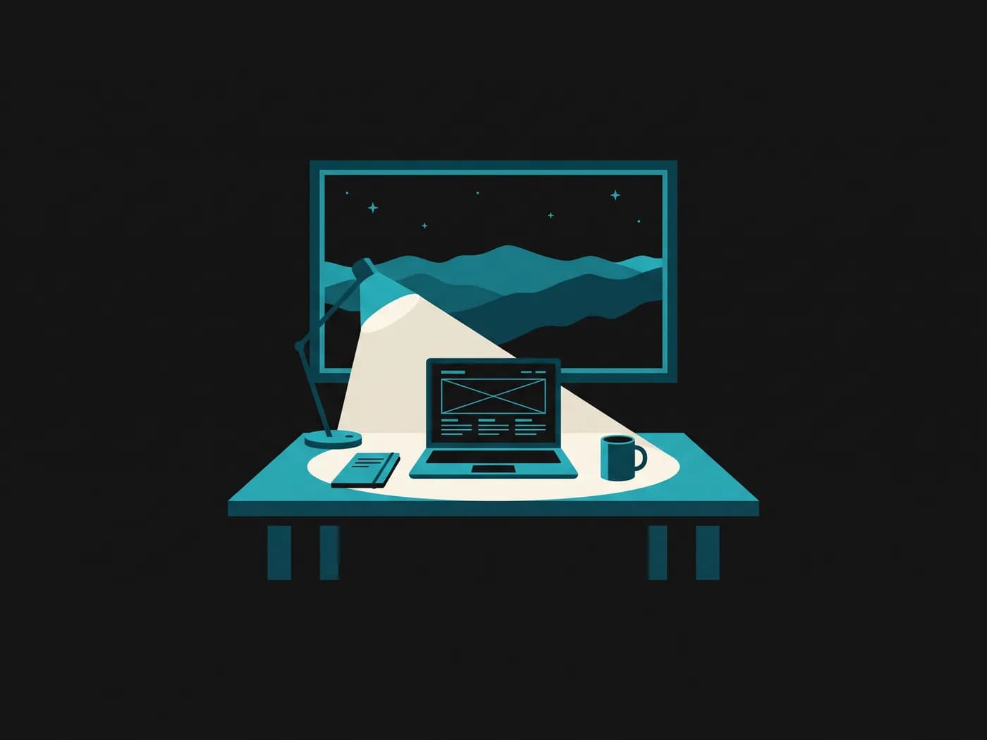 A single desk at night with a laptop showing a page wireframe, lit by a desk lamp, with Blue Ridge mountain ridgelines visible through the window behind