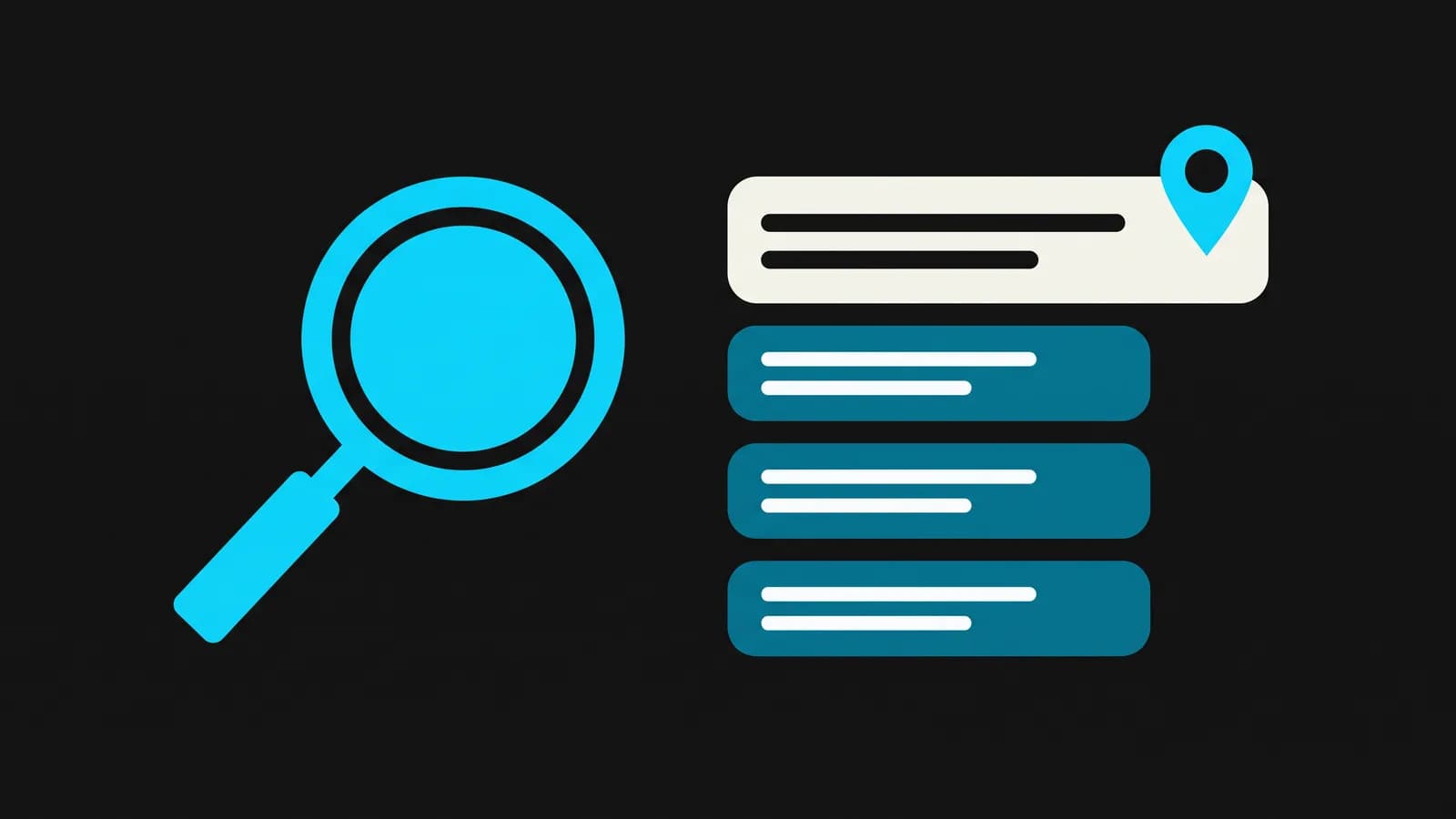 A magnifying glass beside a stack of search results, with the top result highlighted and marked by a location pin