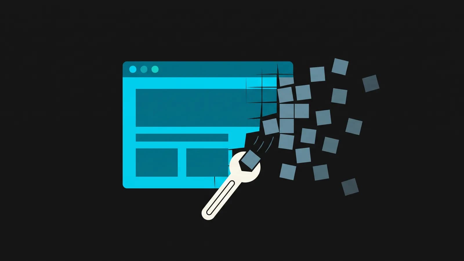 A browser window fragmenting into drifting tiles at one edge while a wrench catches and reattaches one of them
