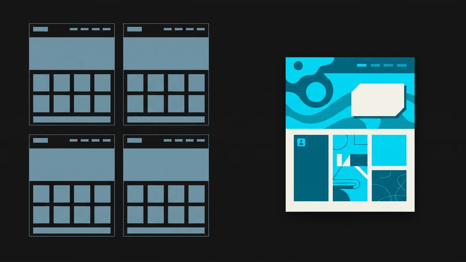 Four identical grey template website layouts on the left beside one distinctive custom-designed layout on the right