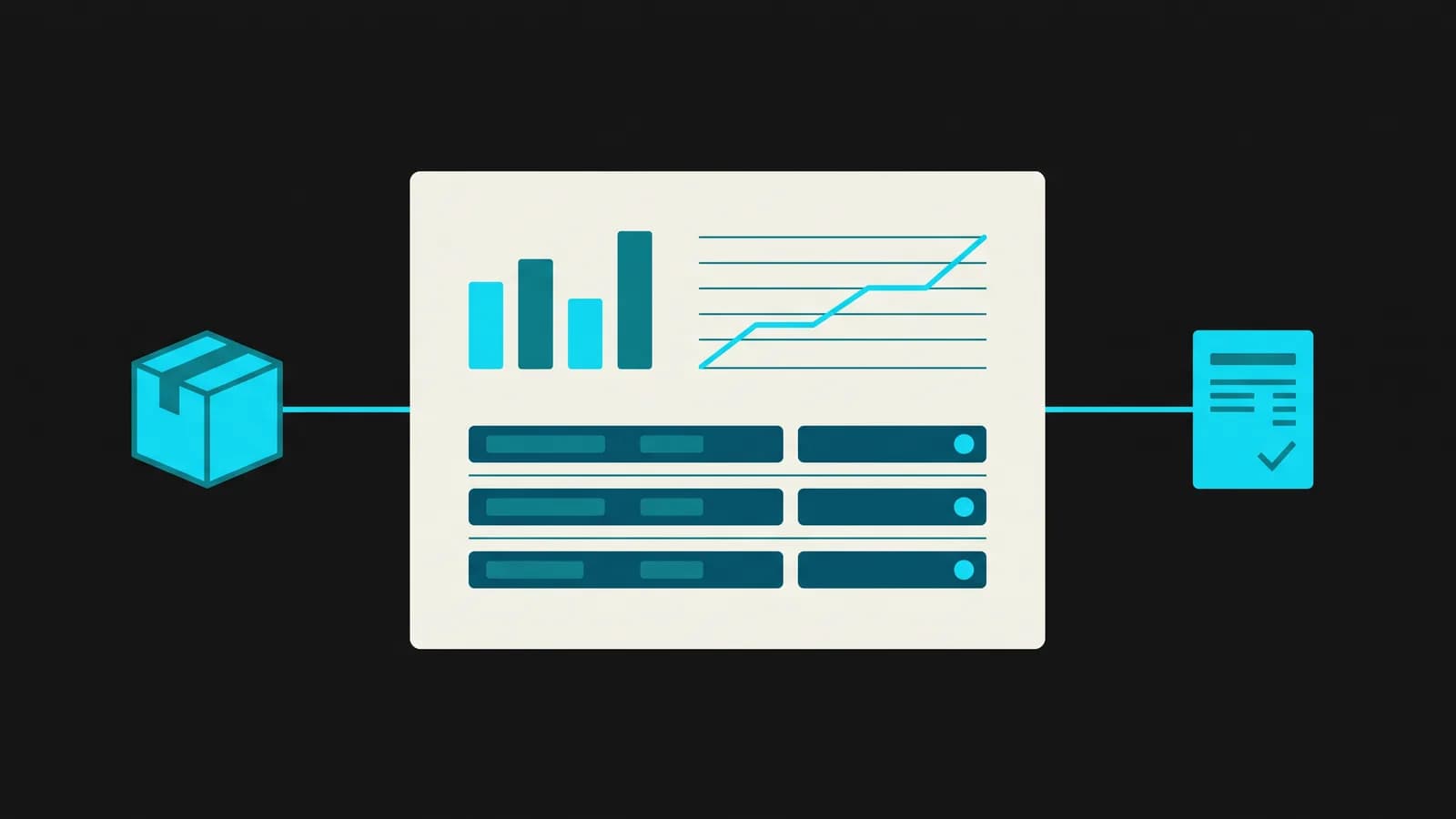 An operations panel showing charts and record rows, linked to an inventory box on one side and an invoice on the other